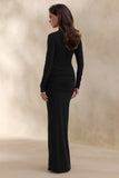 Ambrette Black High Neck Maxi Dress With Gathered Detailing