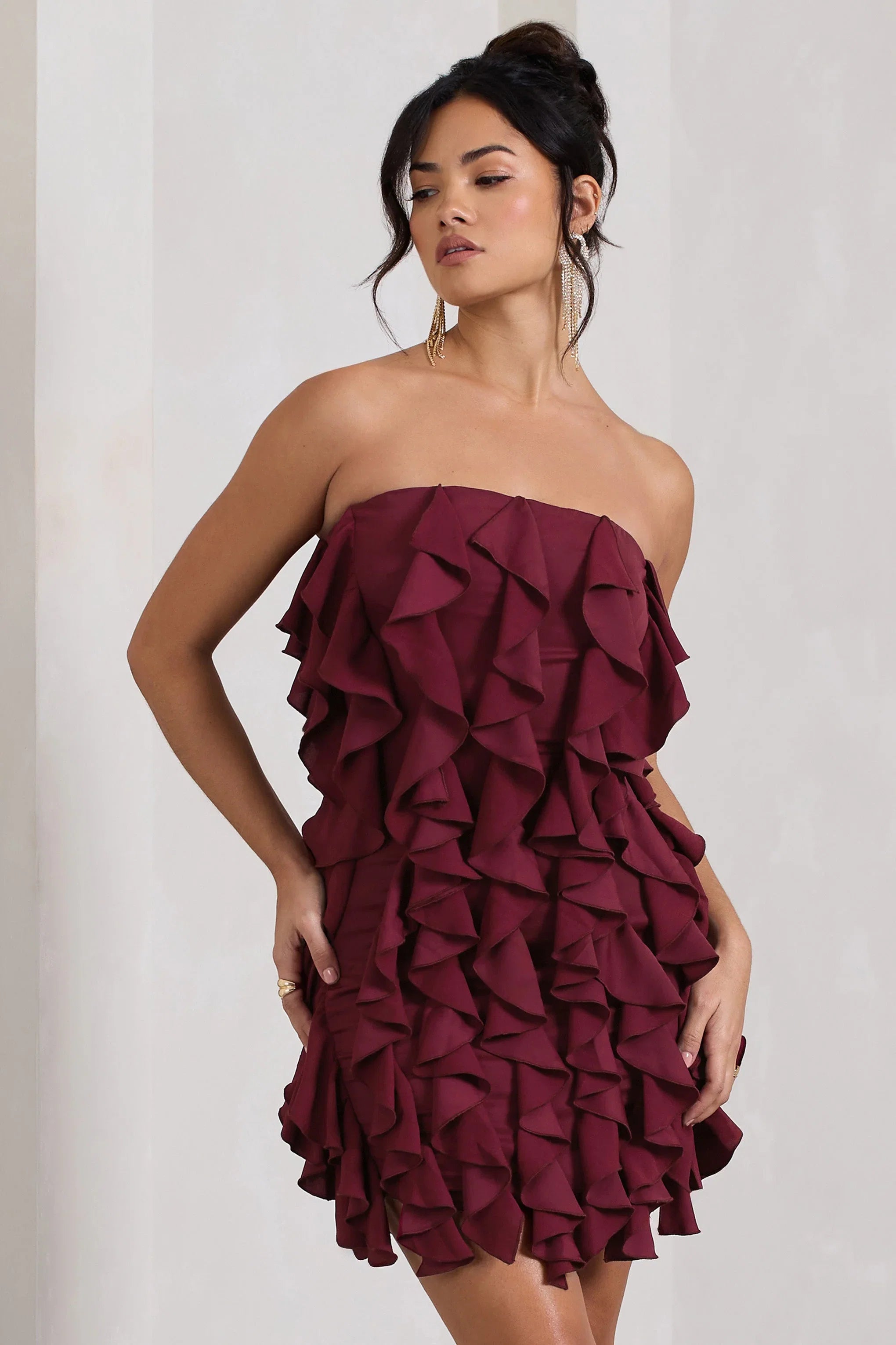 It Girl Plum Bandeau Bodycon Mini Dress With Ruffles