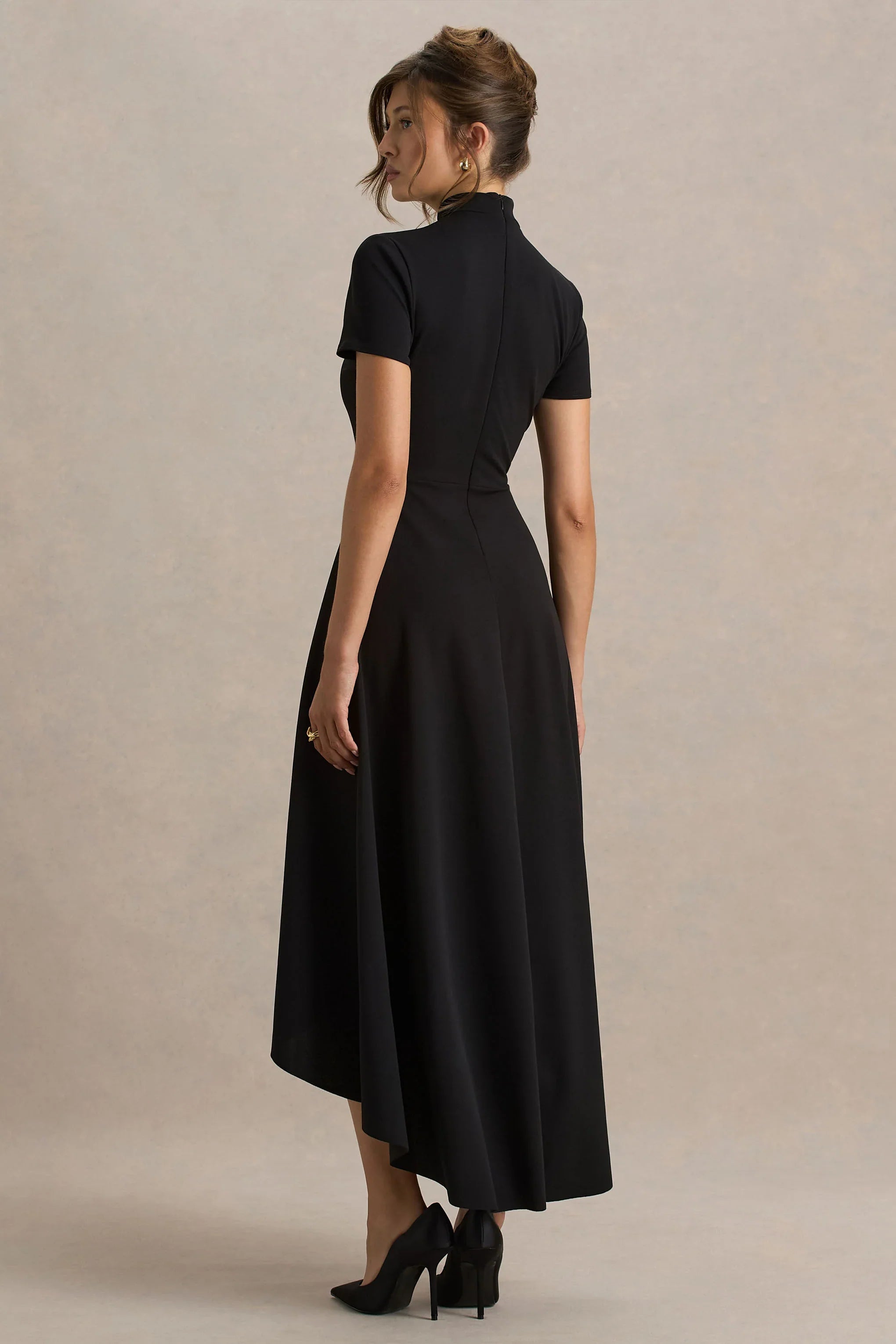 Bellona Black High Neck High Low Midi Dress