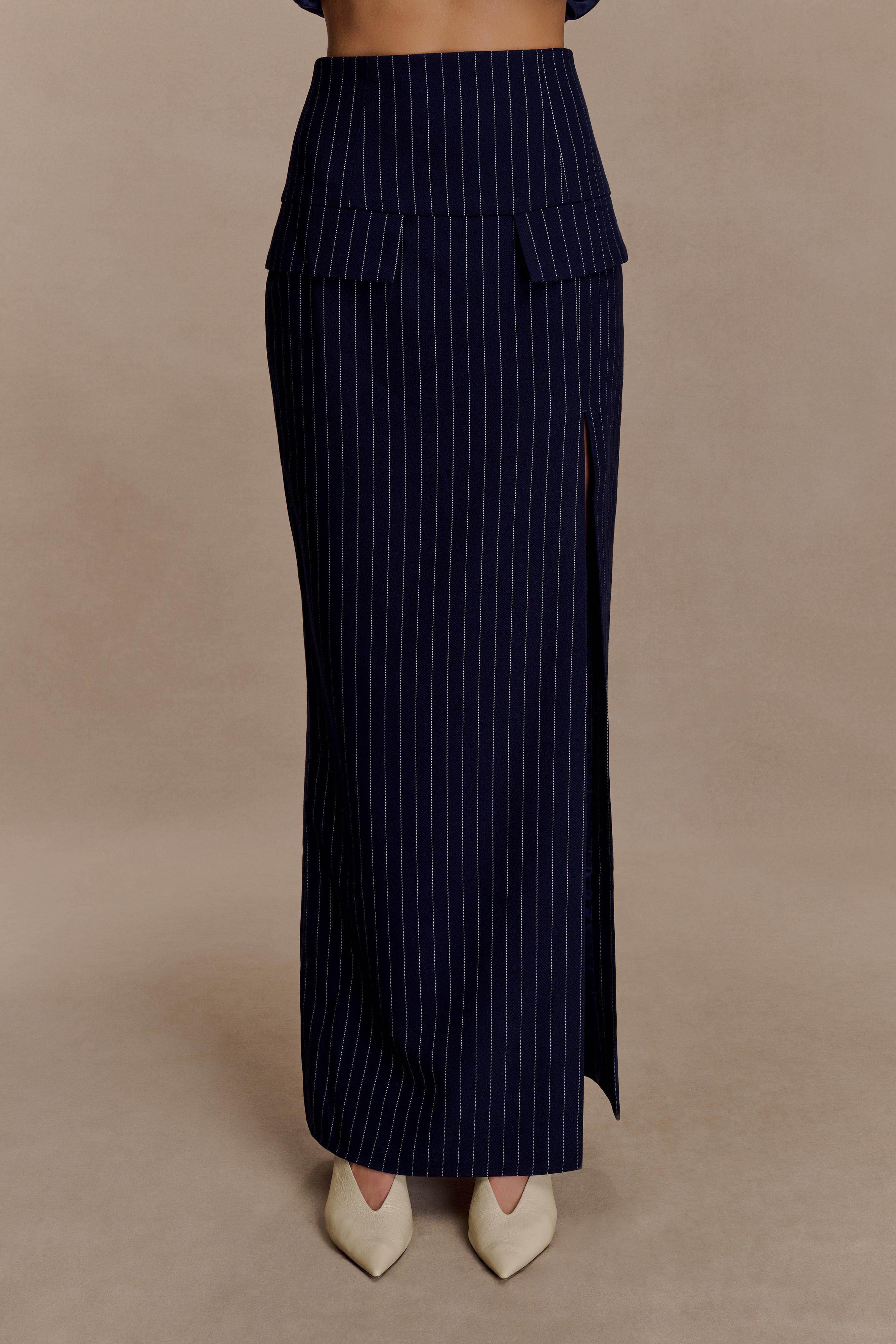 Cassie Column Maxi Skirt Navy Pinstripe