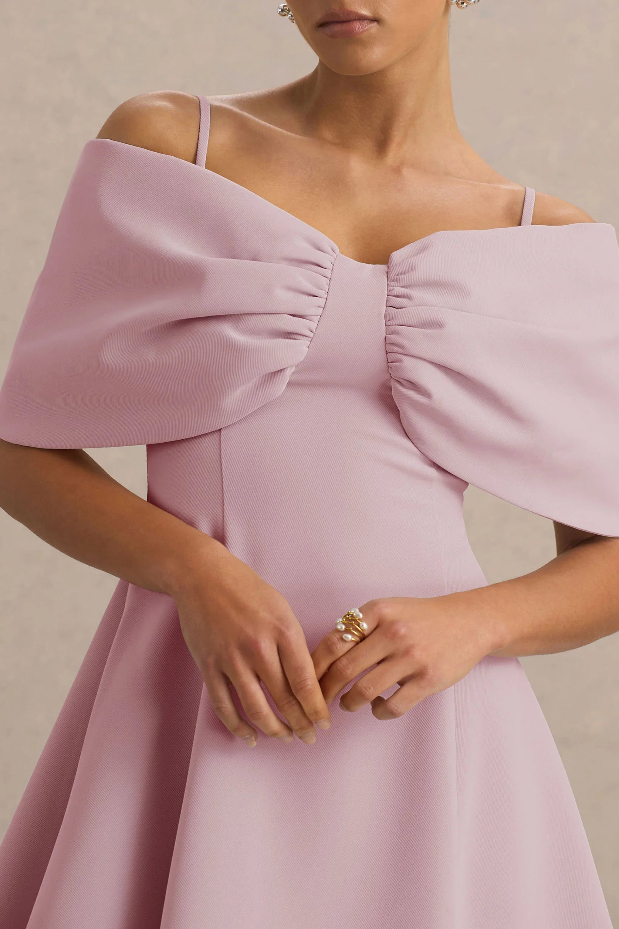 Faria Blush Pink Short Sleeve Bardot Mini Dress With Bow Detail