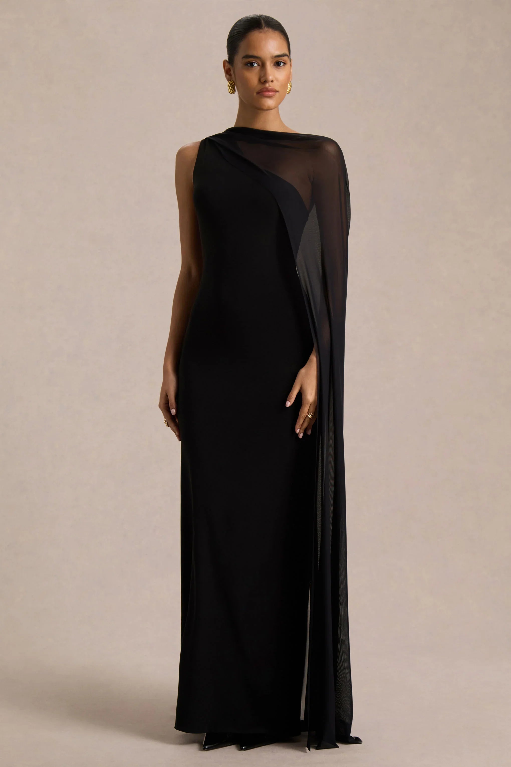 Mirelle Black Asymmetric Neck Maxi Dress With Sheer Cape Sleeve