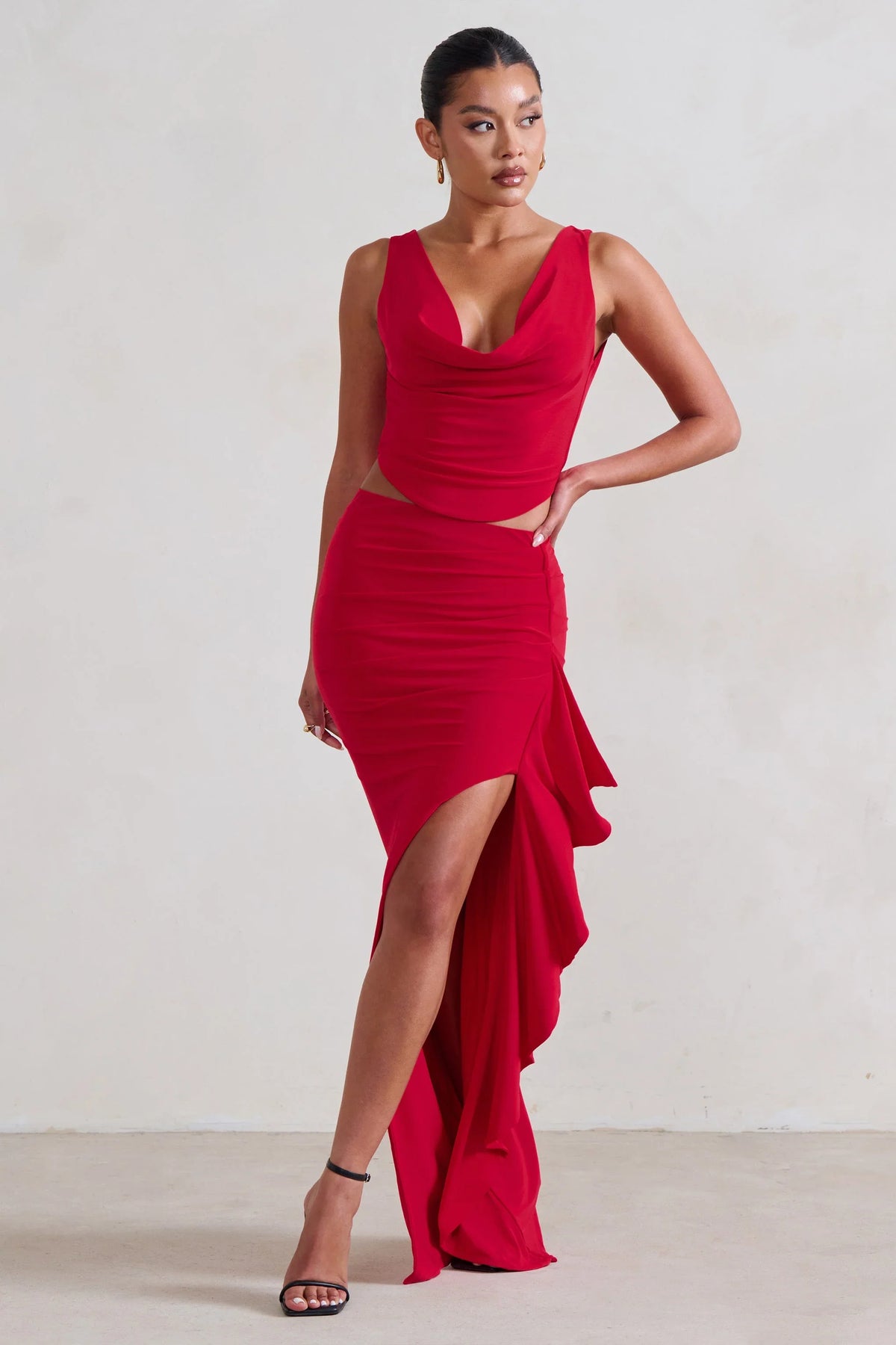 La Belle Red Ruffle Maxi Skirt With Thigh Split