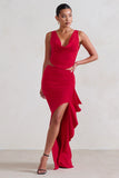 La Belle Red Ruffle Maxi Skirt With Thigh Split