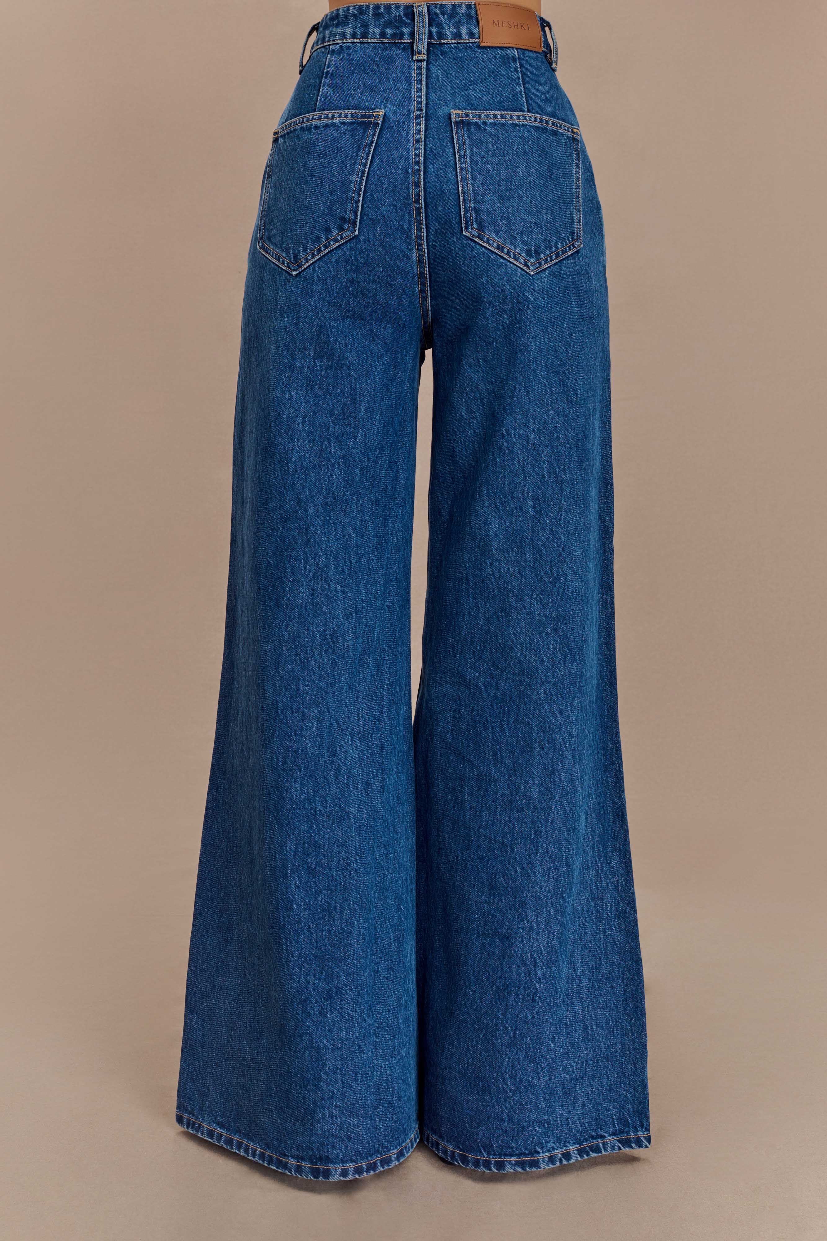 Jen Wide Leg Flare Denim Jeans Dark Blue