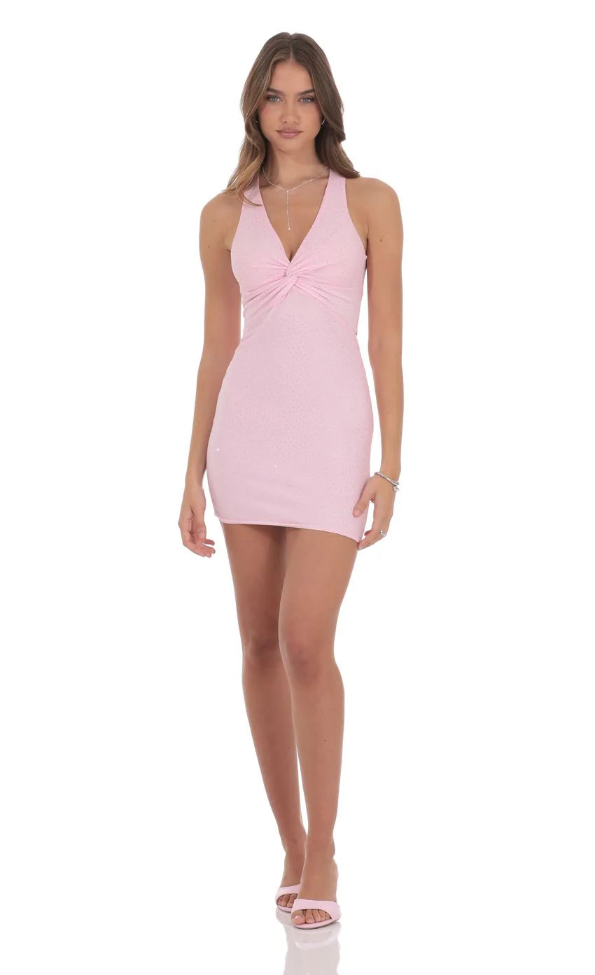 Rhinestone TwistV Neck Dress in Pink