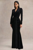 Halima Black Velvet Plunge Neck Maxi Dress With Gathered Detailing