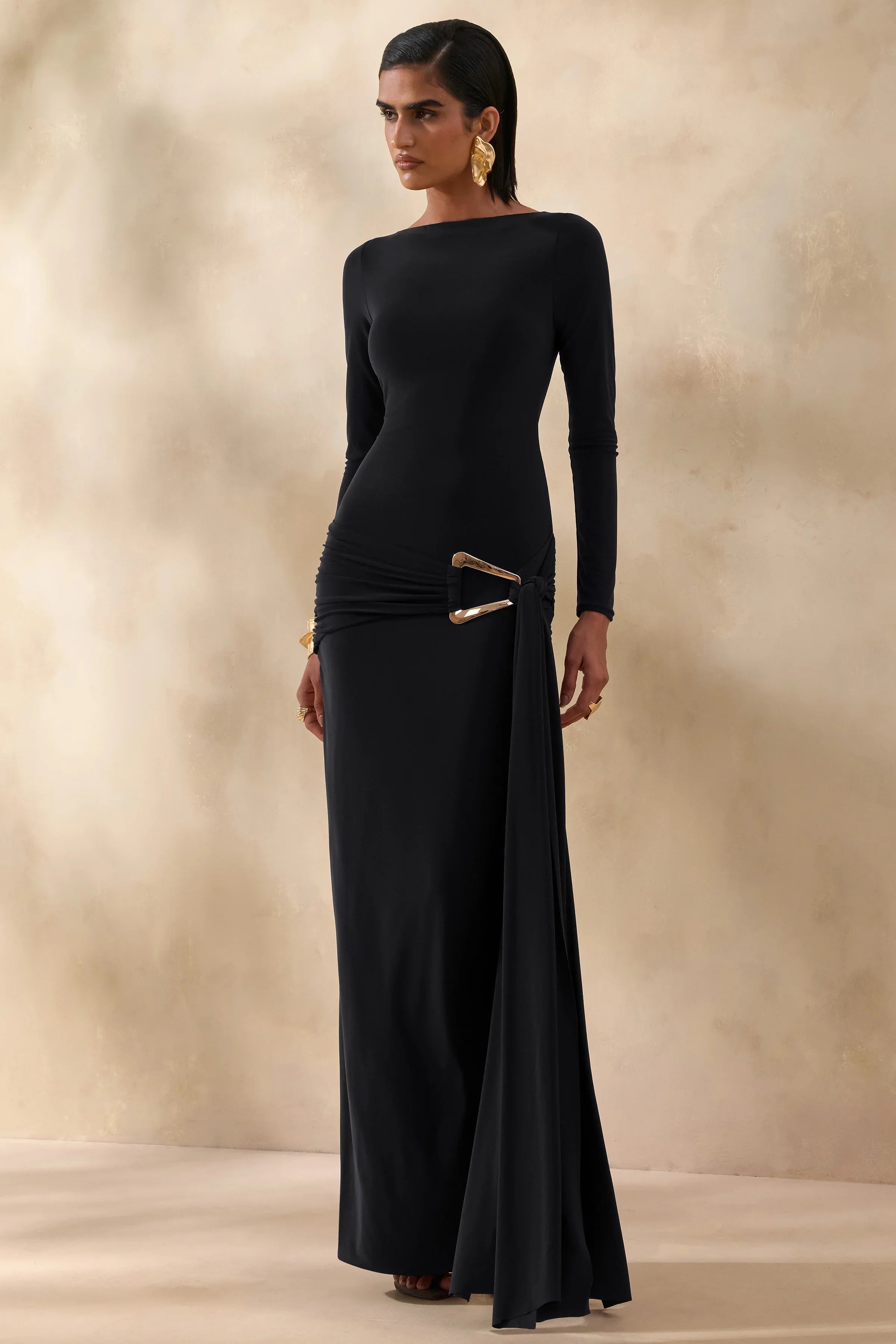 Astrielle Black Wide Neck With Gold Detail And Sash