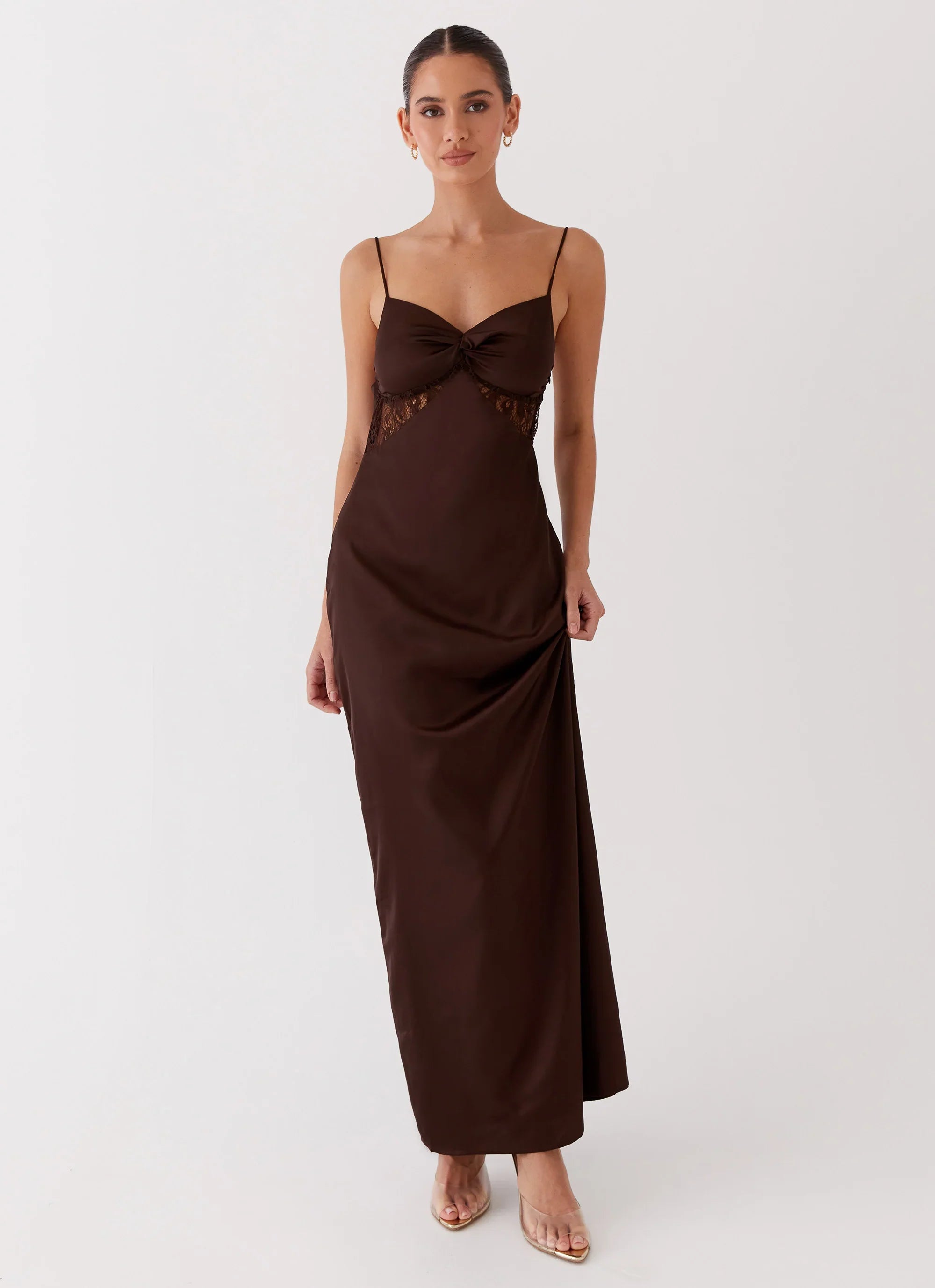 Dream Sight Lace Satin Maxi Dress Chocolate
