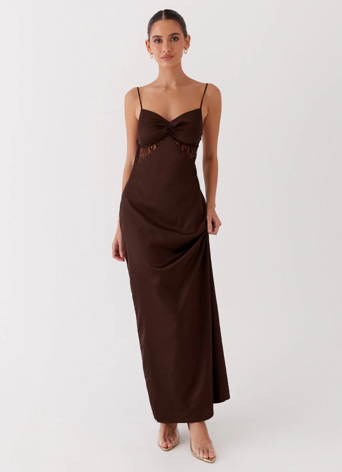 Dream Sight Lace Satin Maxi Dress Chocolate