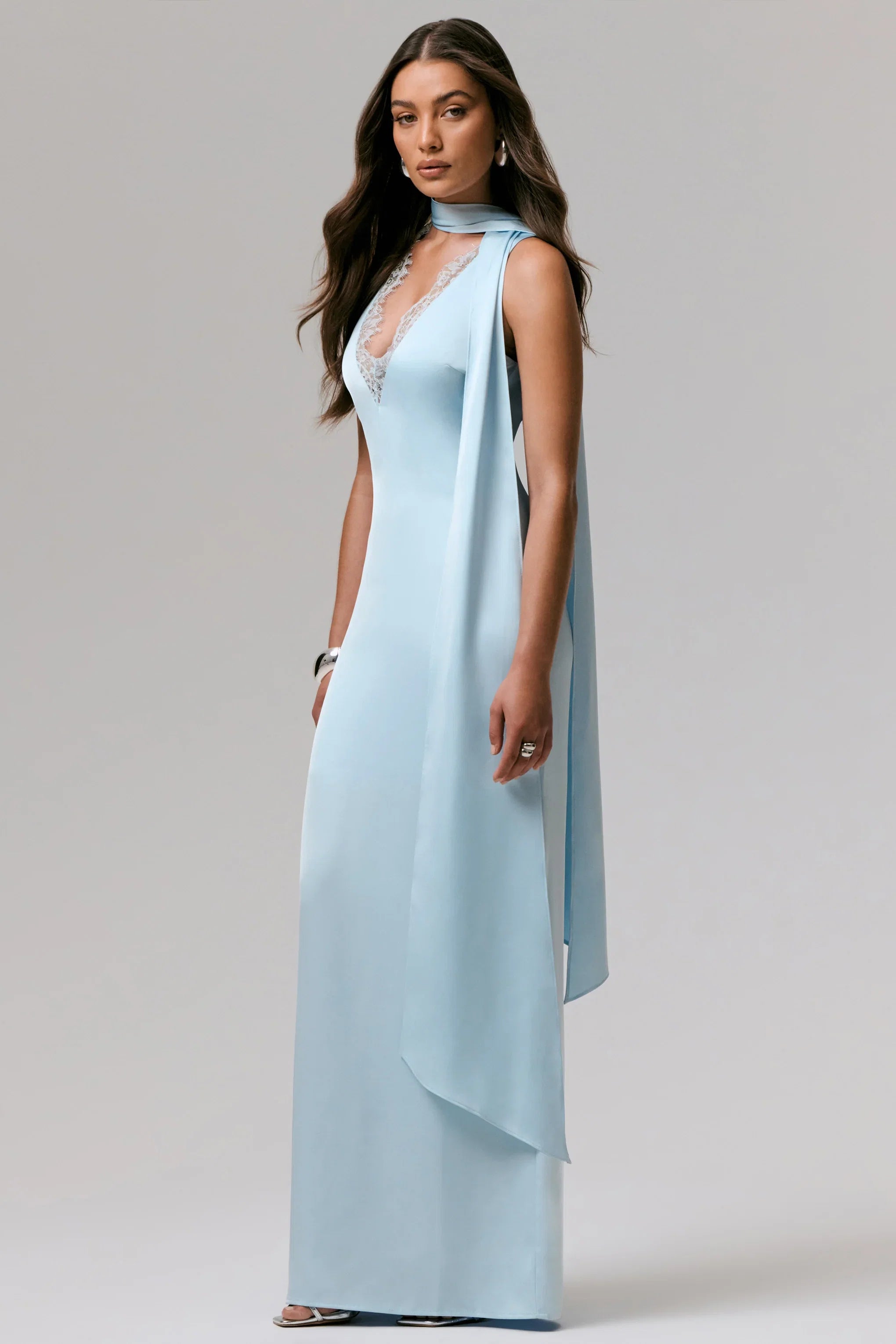 True Icon Powder Blue Satin V Neck Maxi Slip Dress With Sash