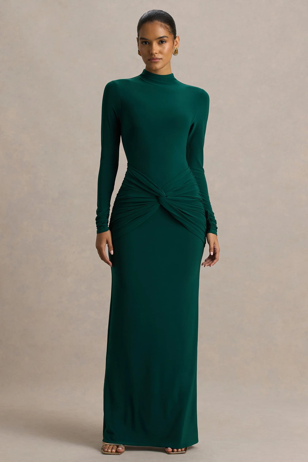 Alula Bottle Green High Neck Maxi Dress With Twist Detail