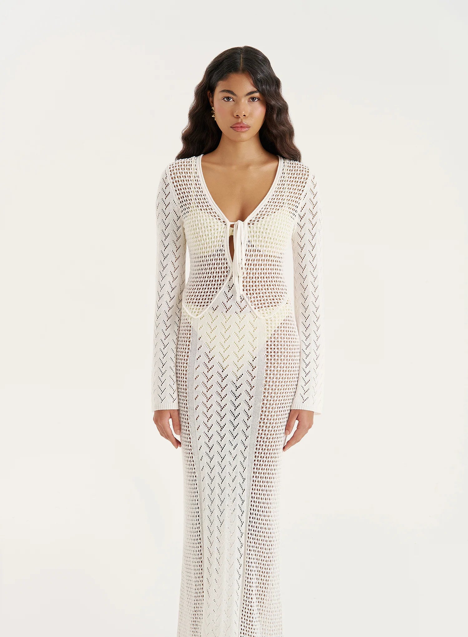 Cream Knit Panelled Crochet Maxi Dress
