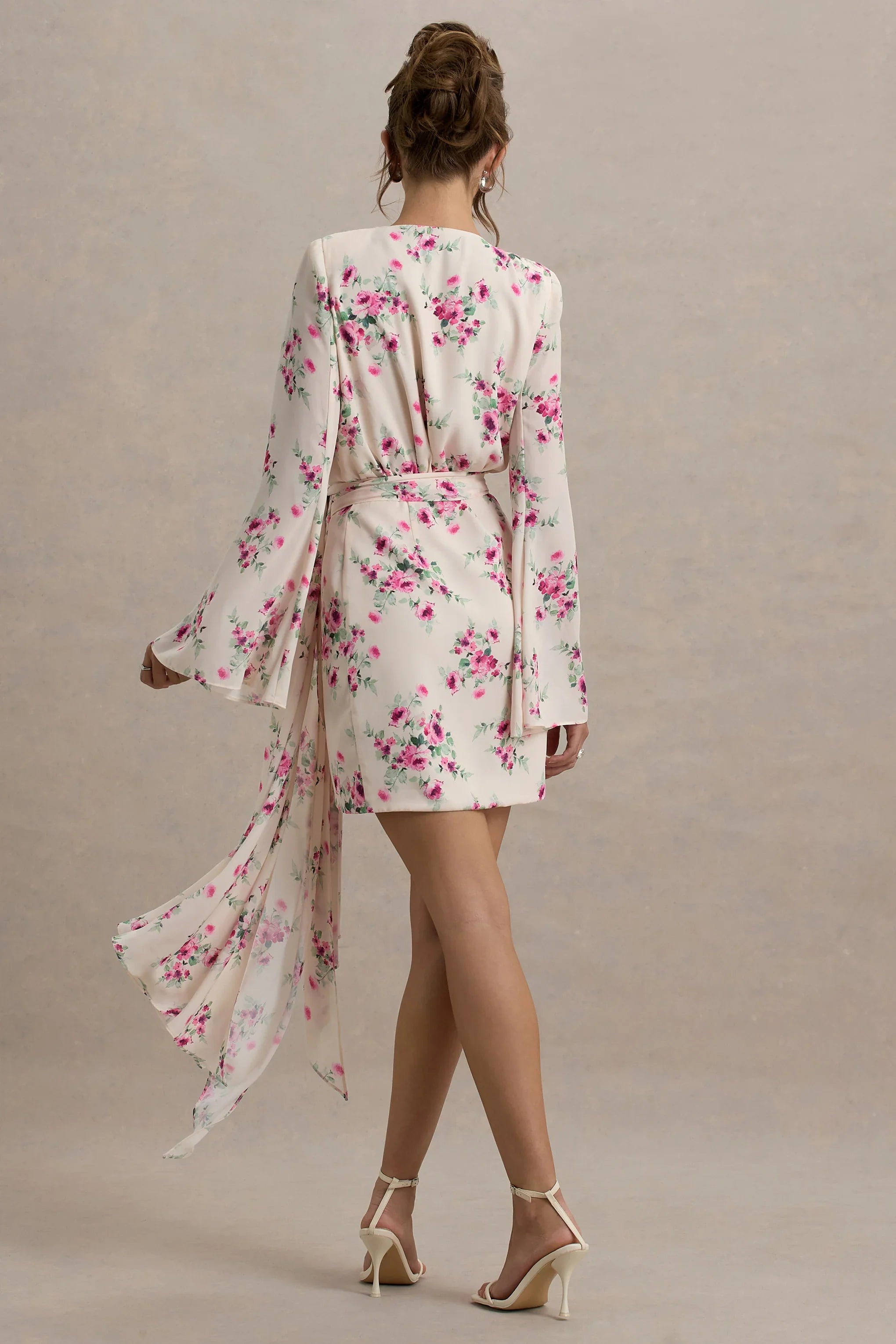 Goldie Cream Floral Print Chiffon Long Sleeve Wrap Mini Dress