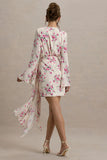 Goldie Cream Floral Print Chiffon Long Sleeve Wrap Mini Dress