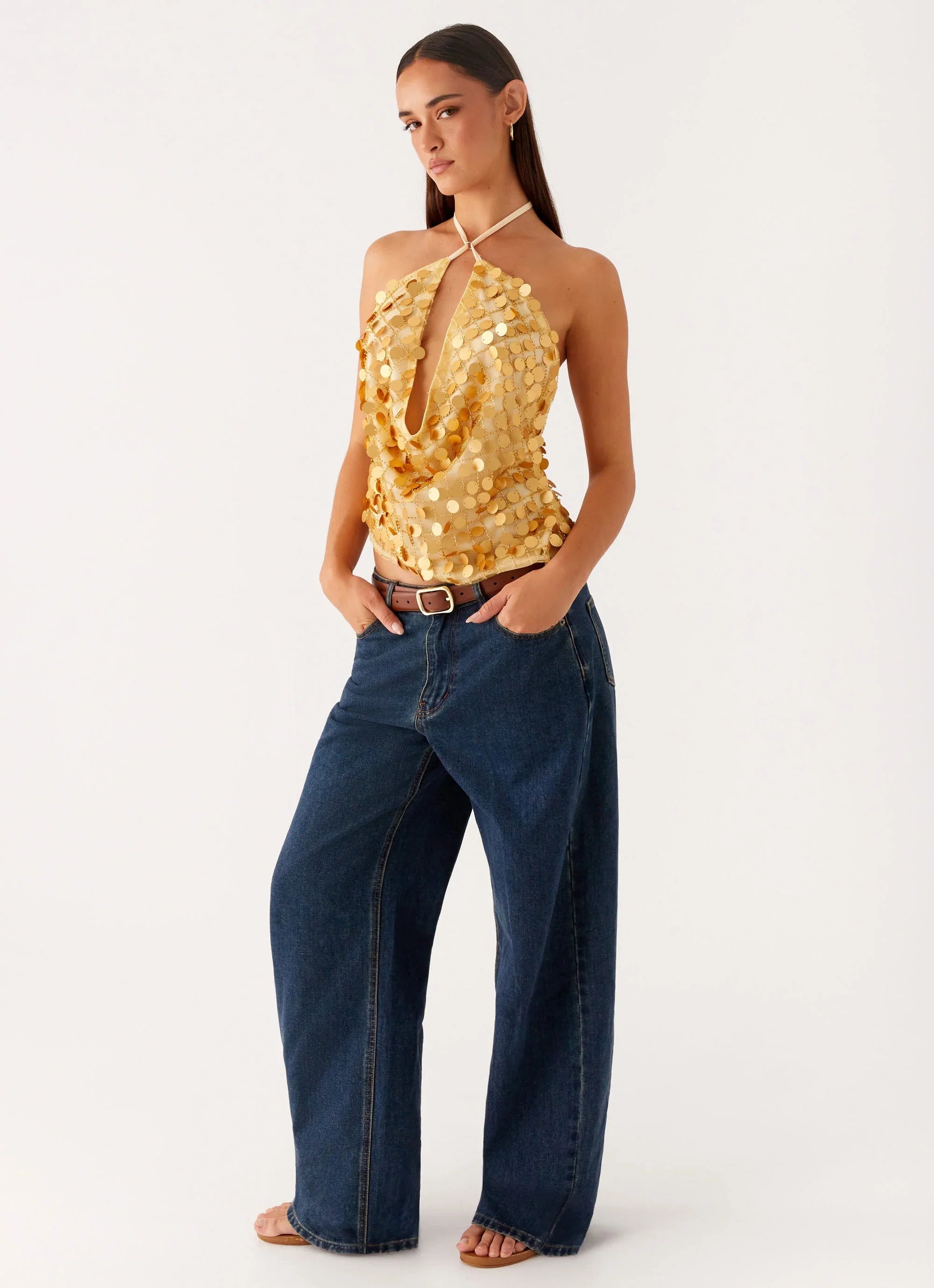 Xander Sequin Halter Top Gold