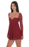 Lace Long Sleeve Babydoll Dress in Maroon