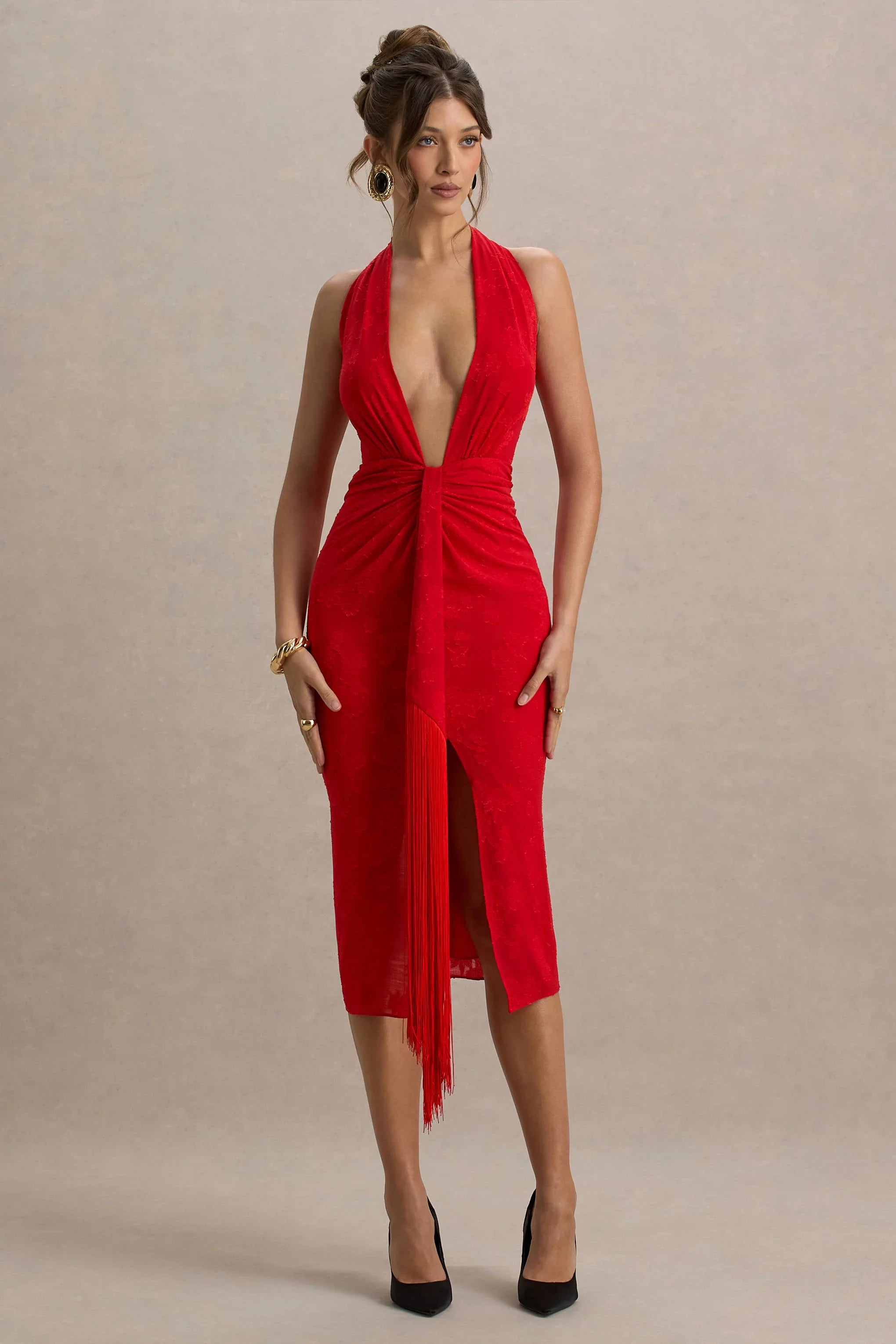 Auria Red Satin Devore Plunge Neck Midi Dress With Fringe Details