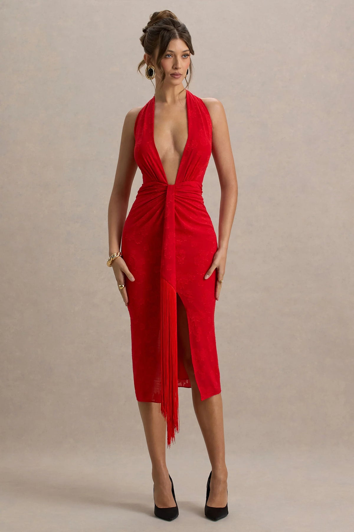 Auria Red Satin Devore Plunge Neck Midi Dress With Fringe Details