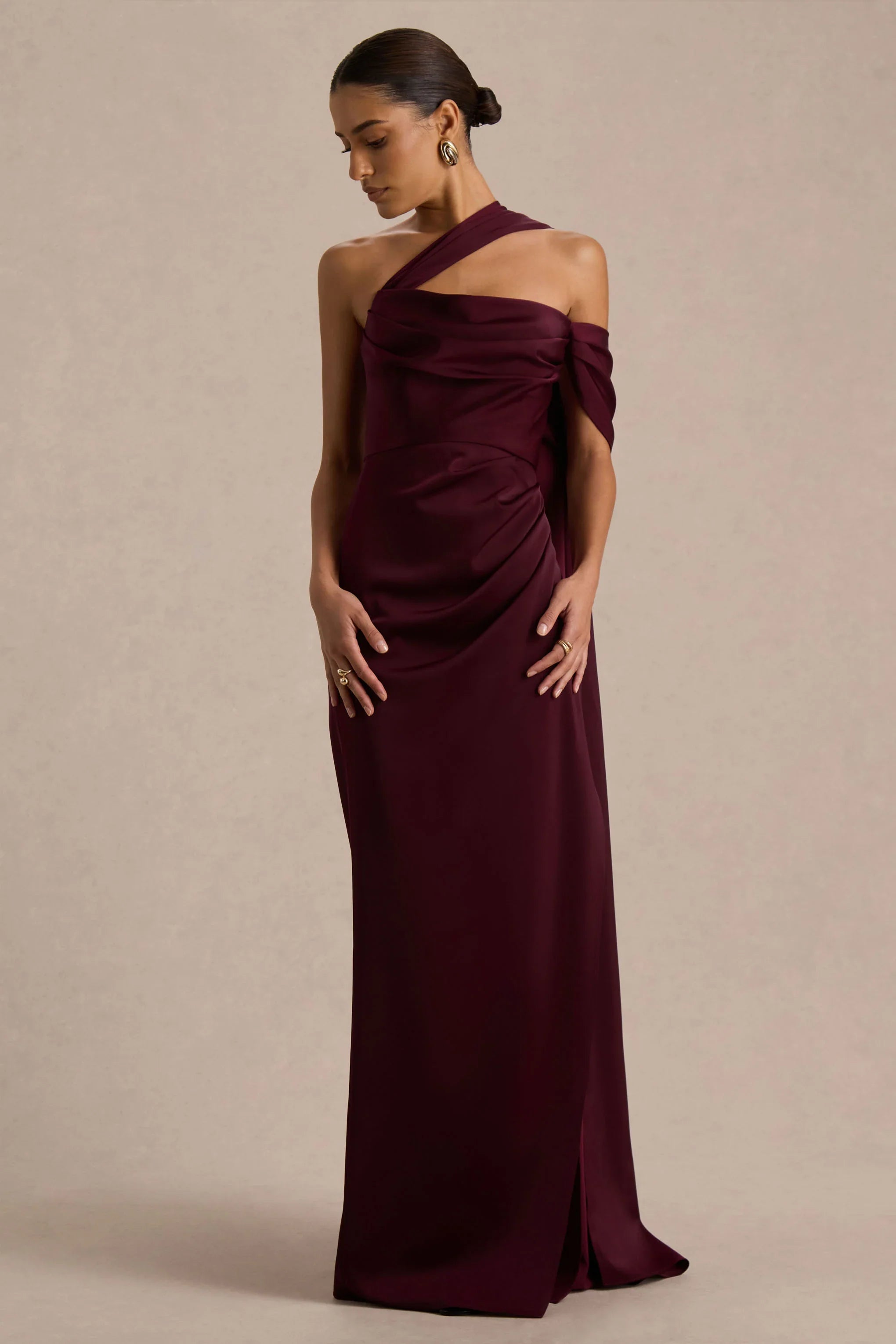 Yazmin Burgundy Satin Asymmetric Maxi Dress With One Sleeve Cape
