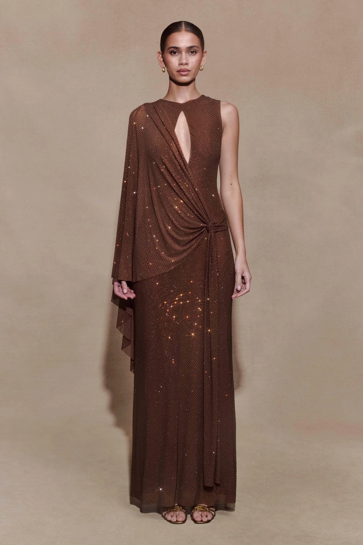 Bakari Diamante Cape Maxi Dress Chocolate