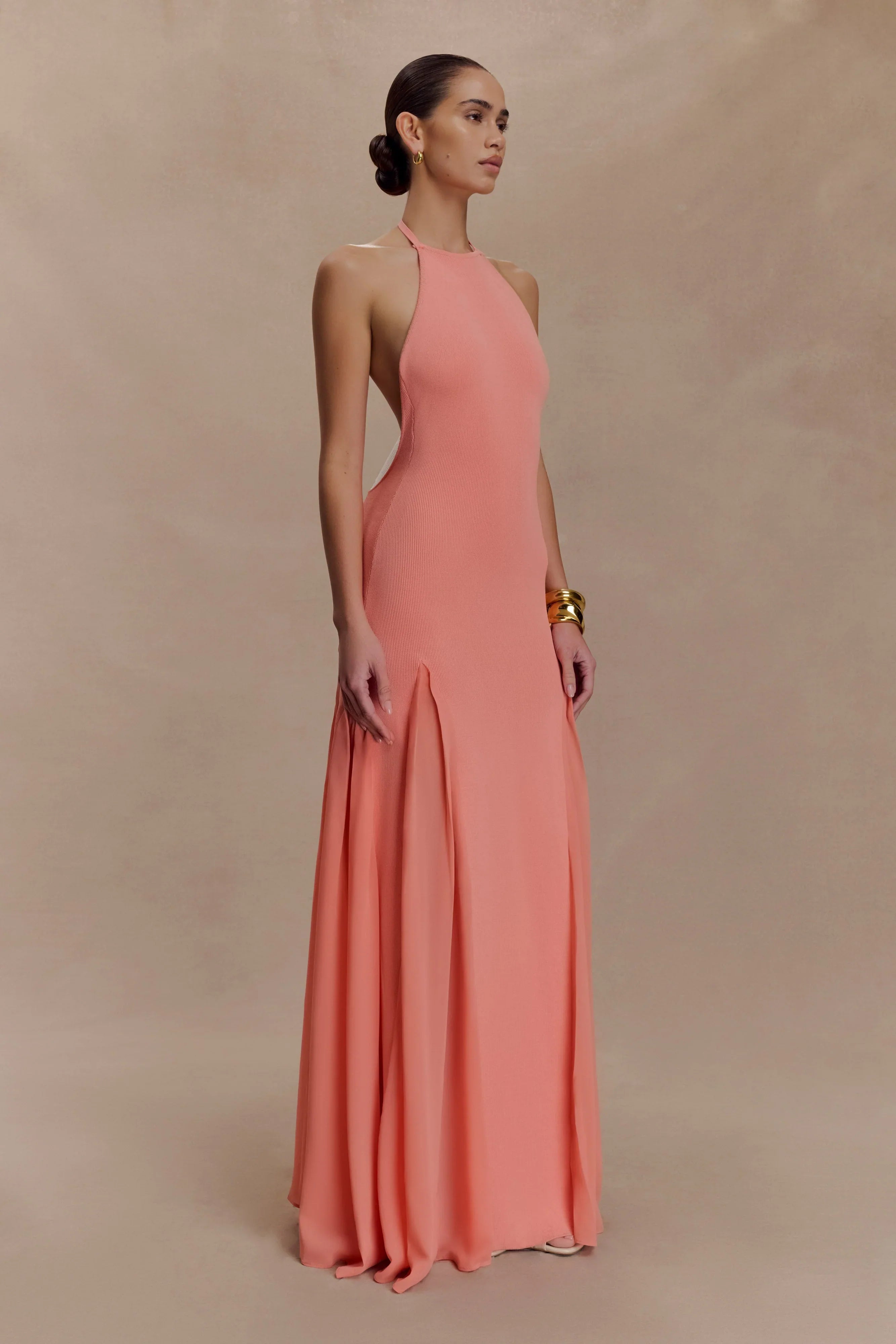 Soleil Knit And Mesh Halter Maxi Dress Coral