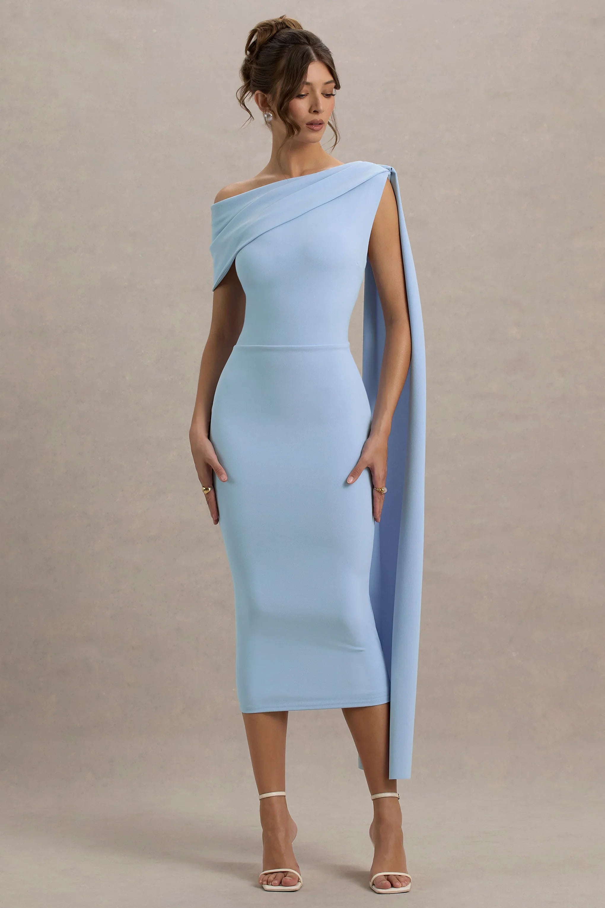 Niamh Powder Blue Asymmetric Midi Dress With Drape