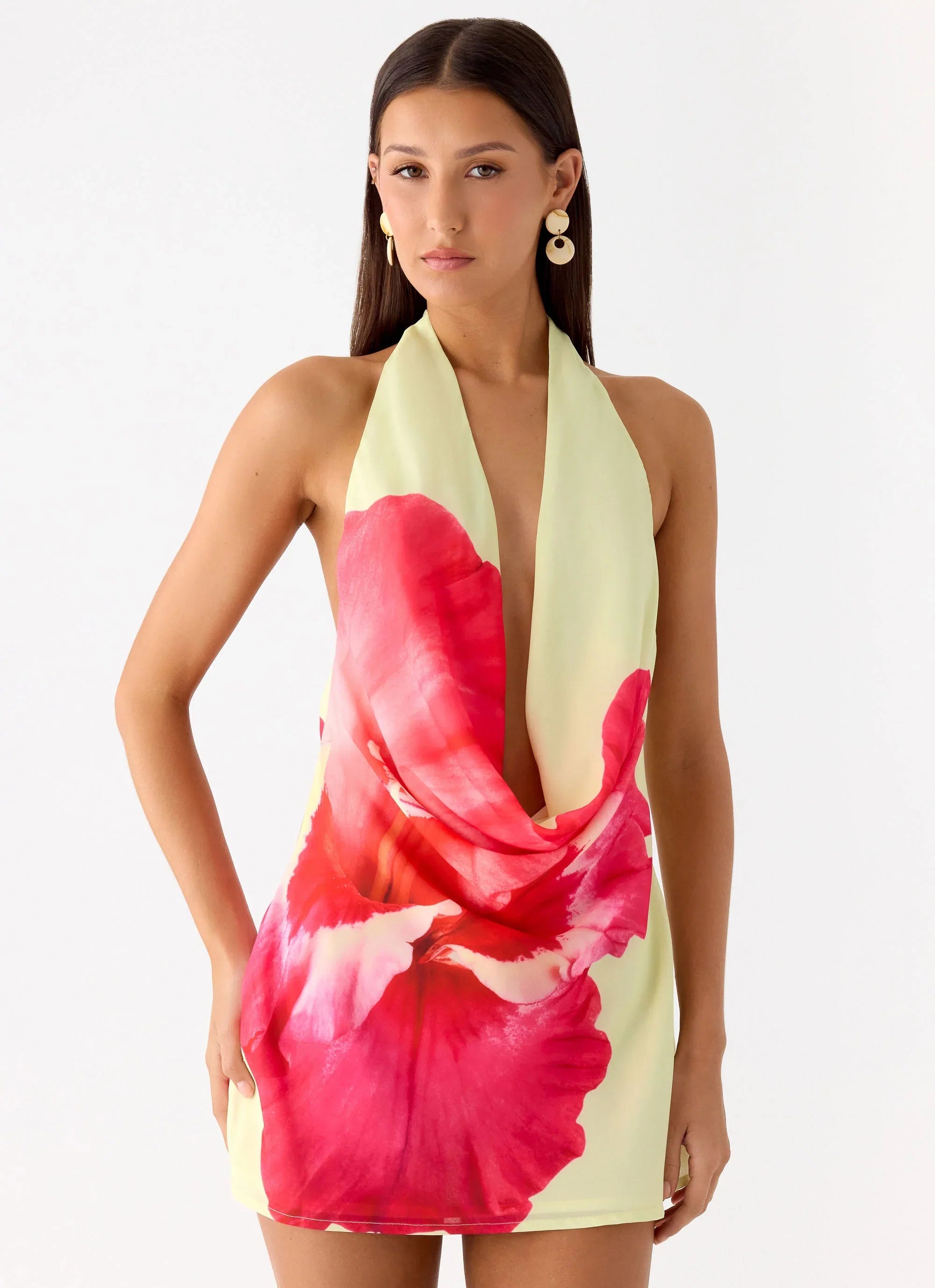 Varindra Cowl Mini Dress Yellow Floral Spritz
