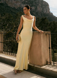 Yellow Satin Backless Lace Trim Maxi Dress