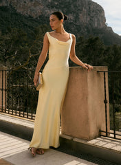 Yellow Satin Backless Lace Trim Maxi Dress