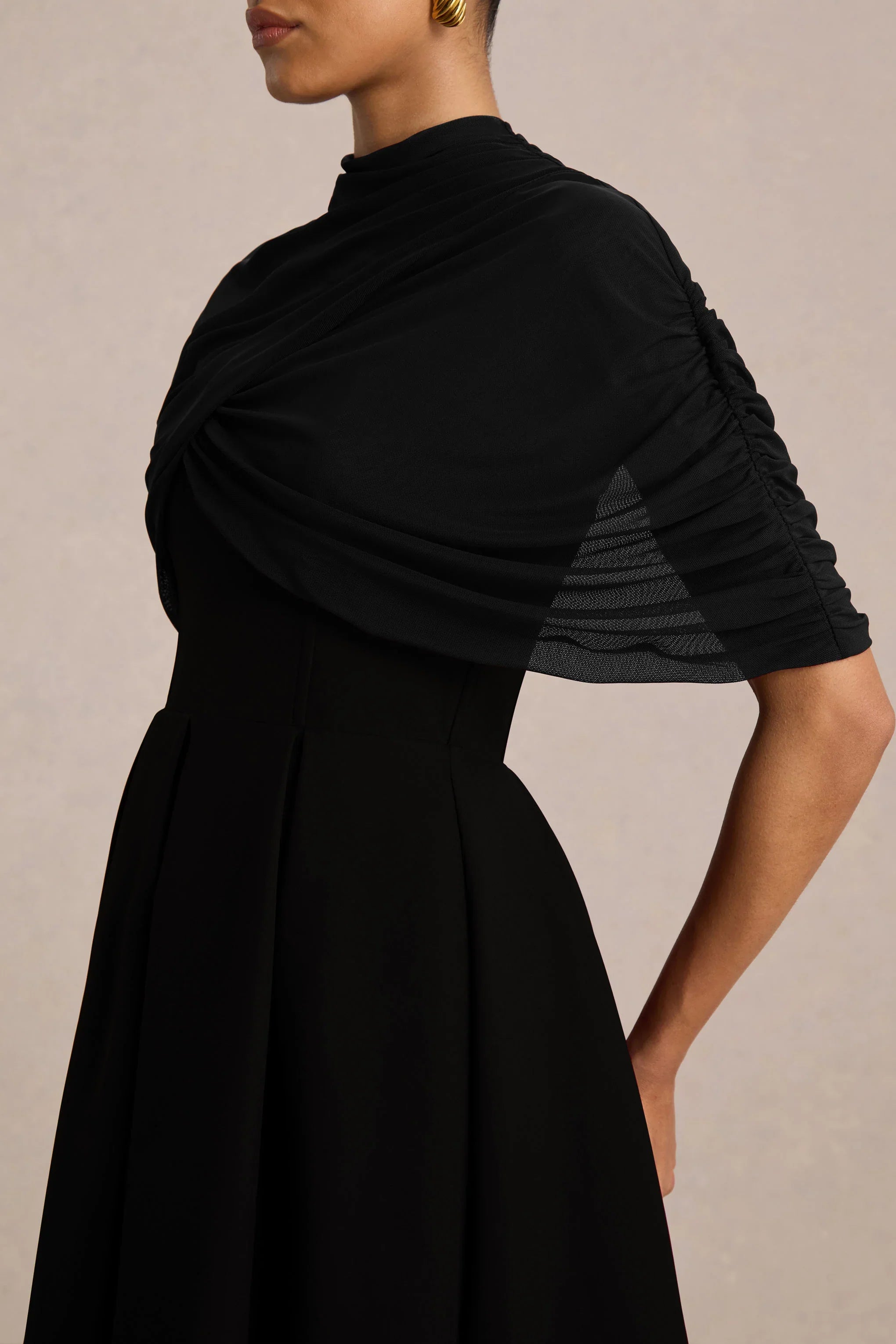 Thalia Black High Neck Midi Dress With Sheer Mesh Cape