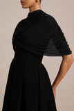 Thalia Black High Neck Midi Dress With Sheer Mesh Cape