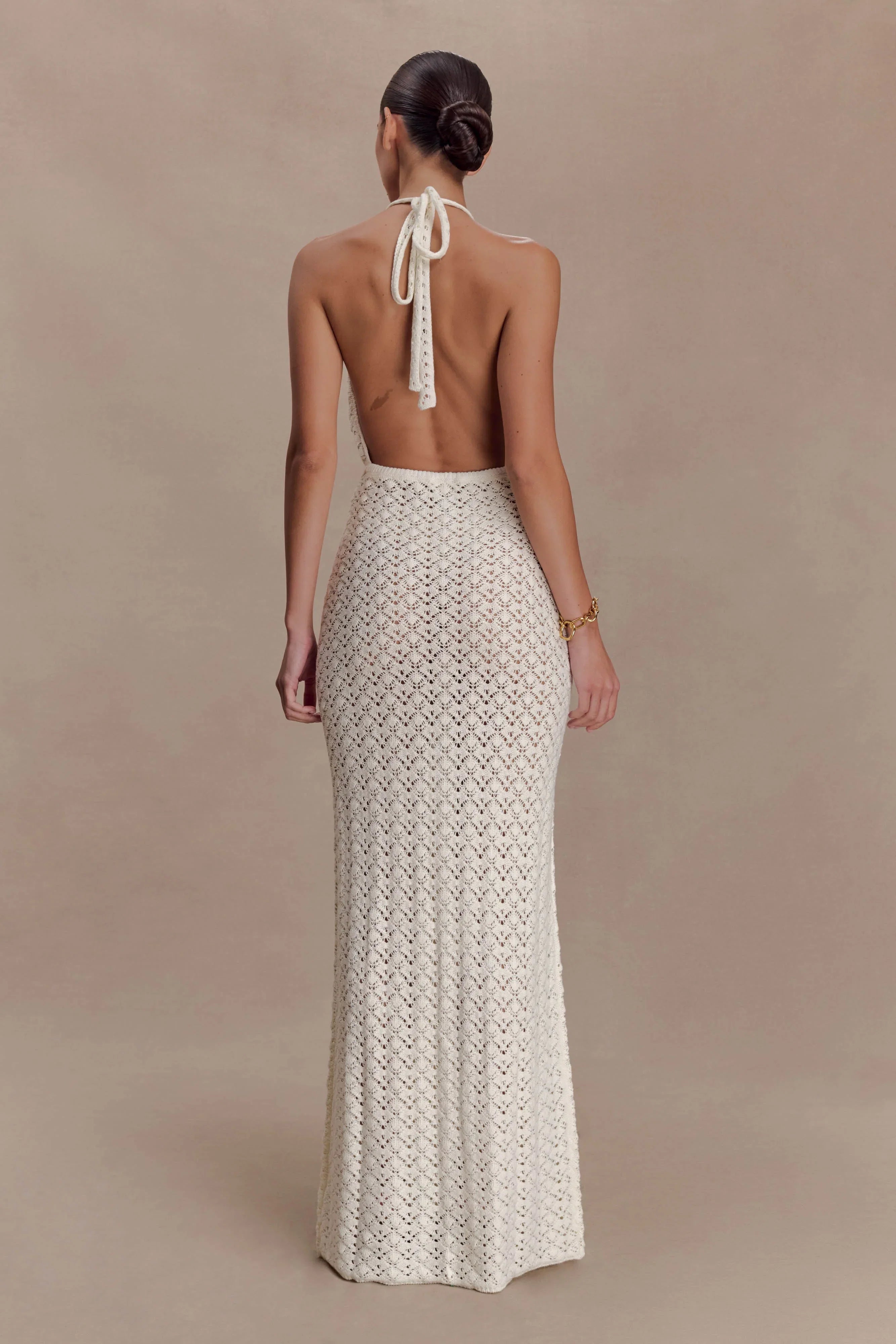 Deeliah Halterneck Crochet Maxi Dress Ivory