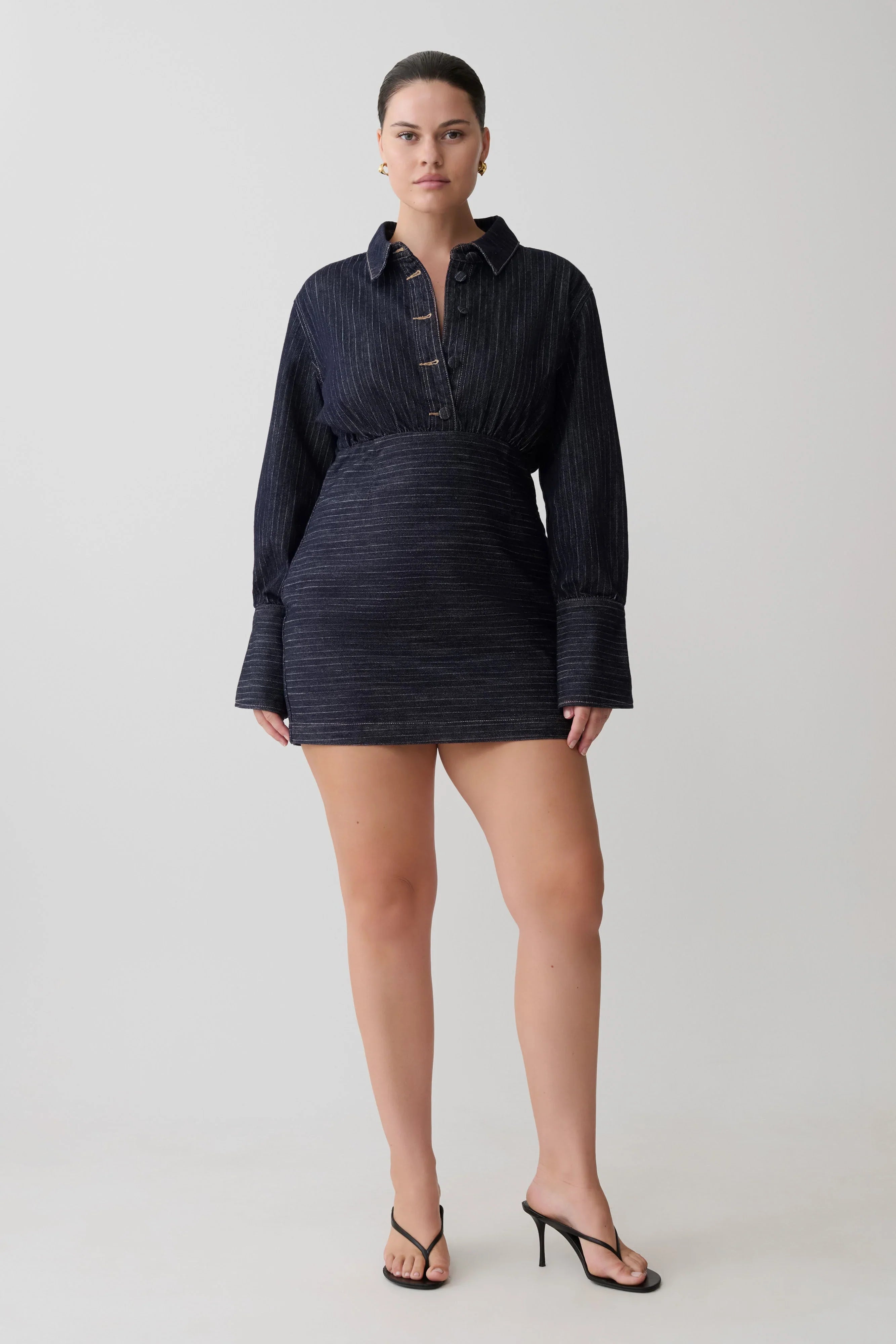Zarah Denim Long Sleeve Mini Dress Indigo Pinstripe
