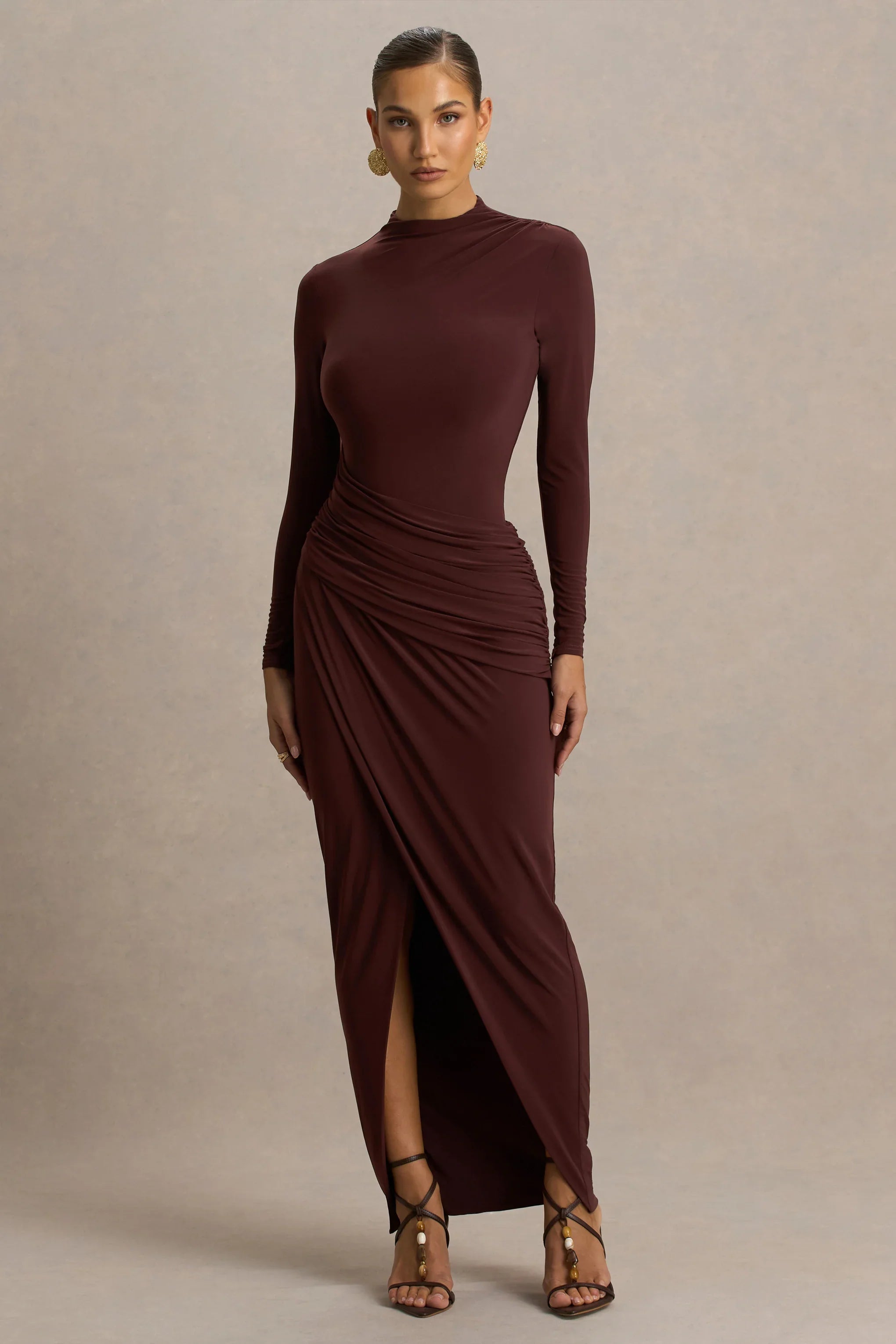 Zephyra Brown High Neck Wrapped Maxi Dress