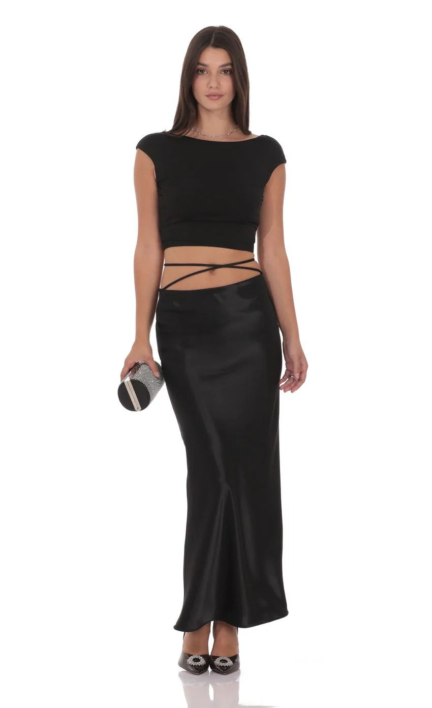 Satin Wrap Maxi Skirt in Black