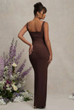 Avril Brown Square Neck Maternity Maxi Dress with Split