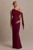Orielle Burgundy Asymmetric Neck Maternity Maxi Dress With Knot Sleeve And Sash
