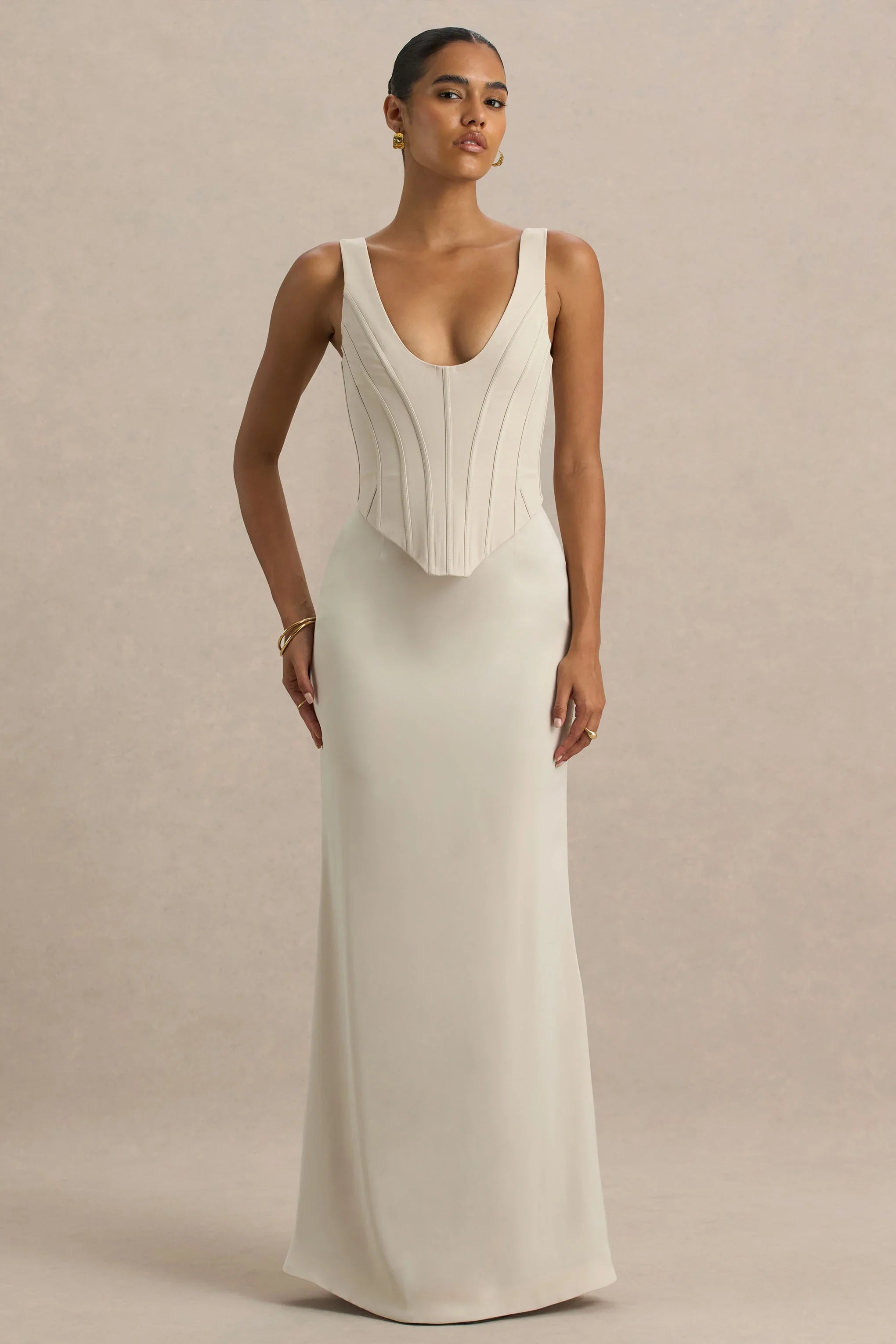Morgan Champagne Satin Corset Maxi Dress