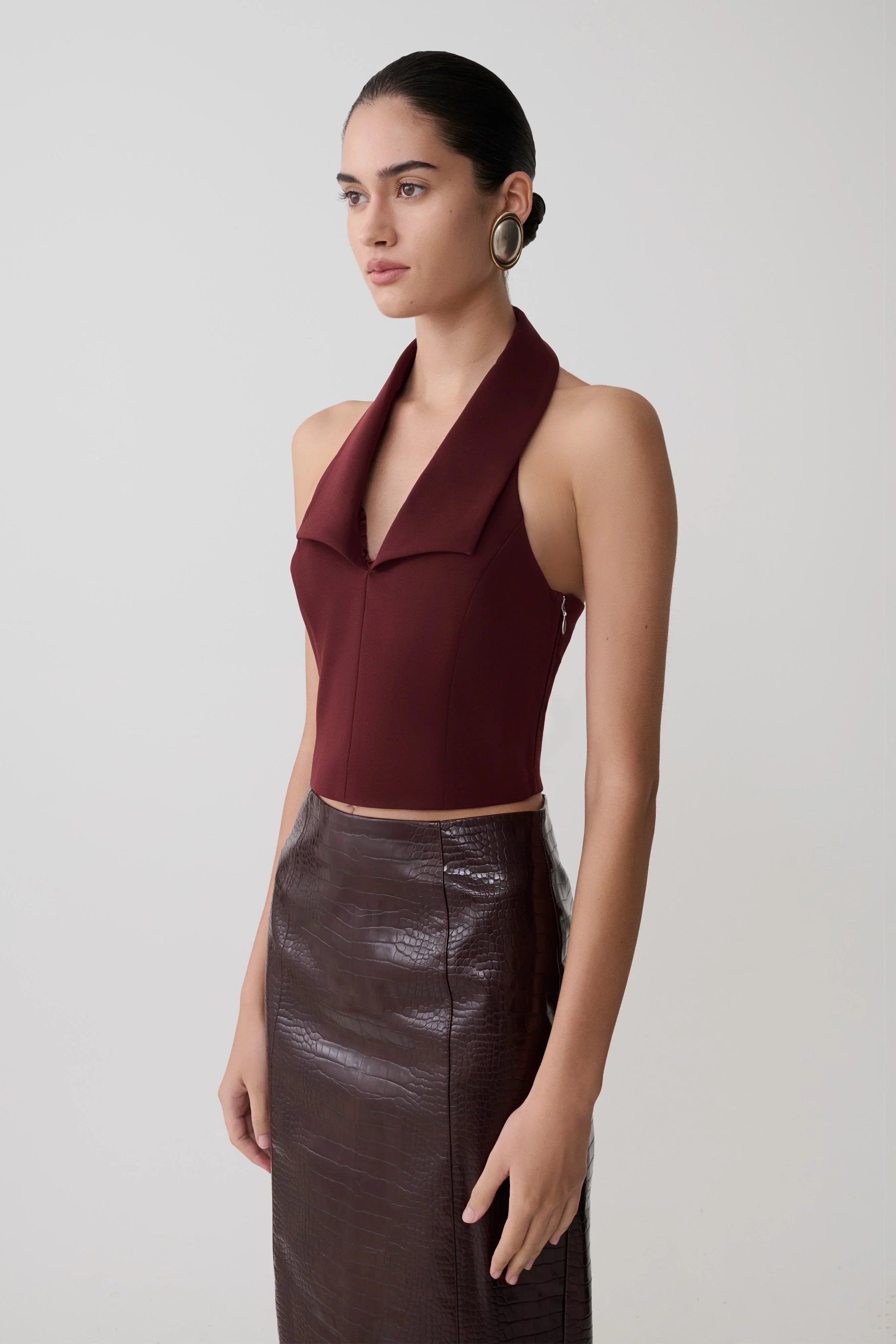 Calla Collared Sleeveless Halter Top Merlot
