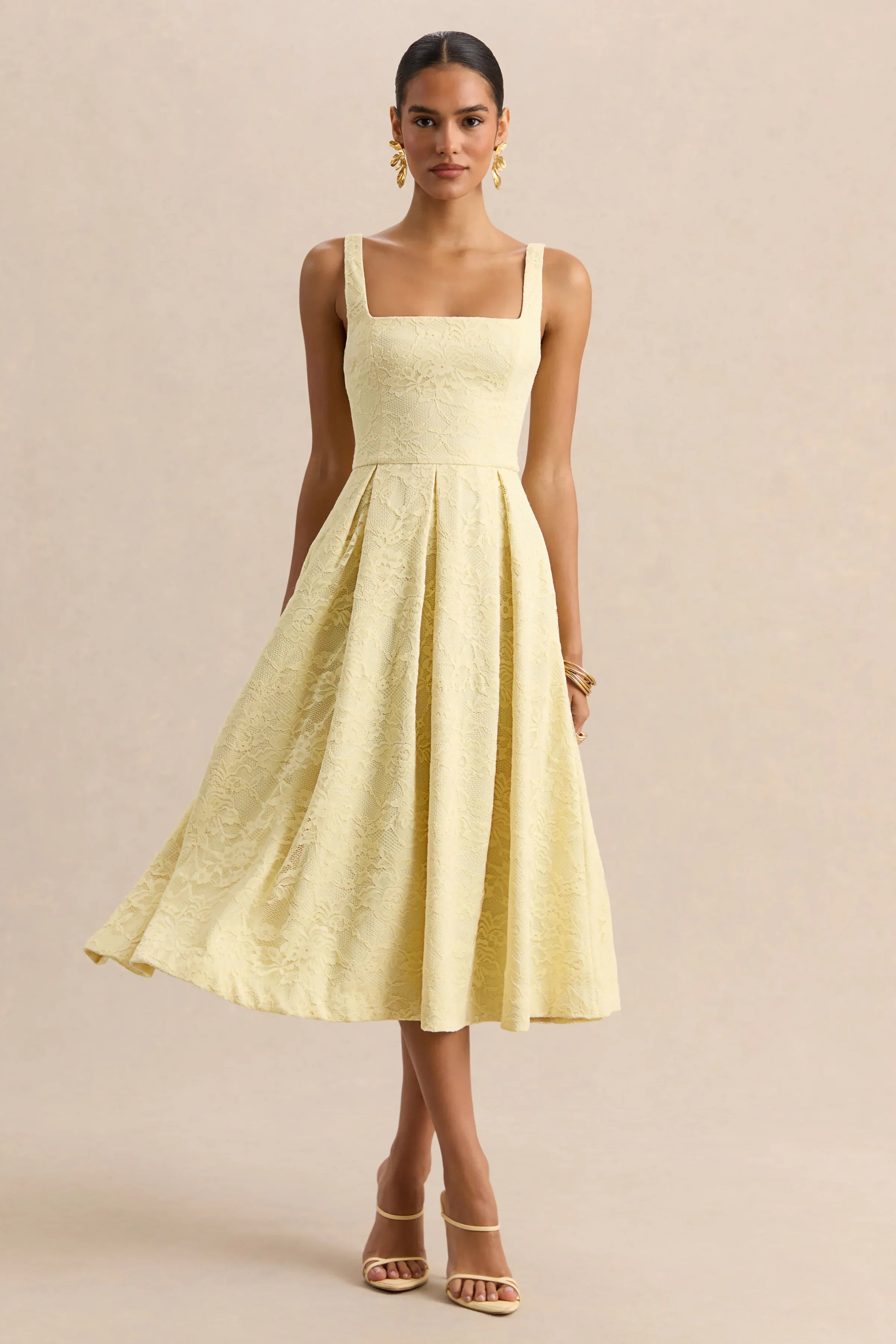 Ashmara Lemon Lace Square Neck Midi Dress