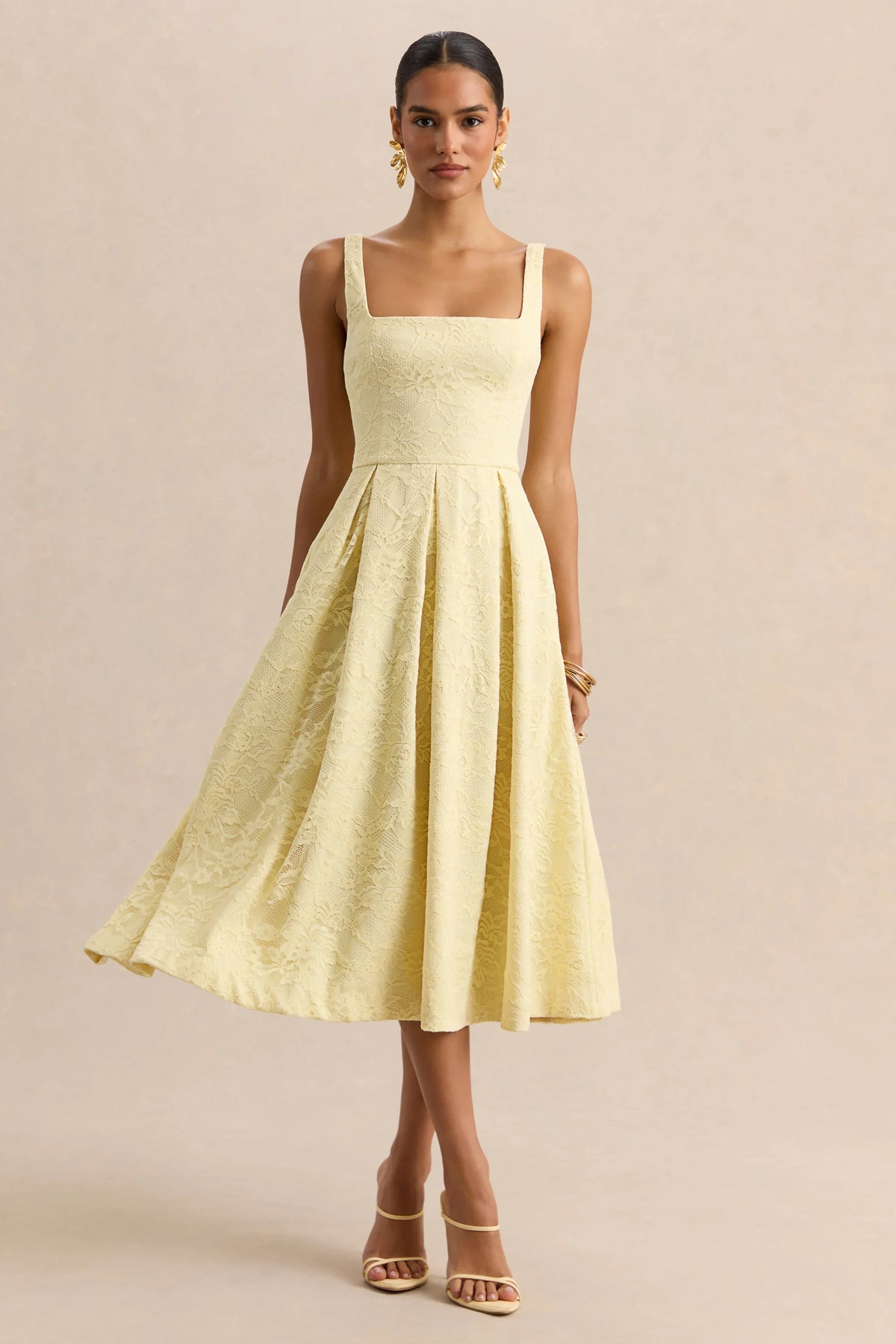 Ashmara Lemon Lace Square Neck Midi Dress