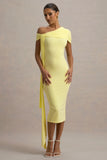 Vallea Lemon One Shoulder Draped Midi Dress