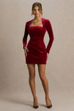 Irresistible Burgundy Velvet Square Neck Mini Dress