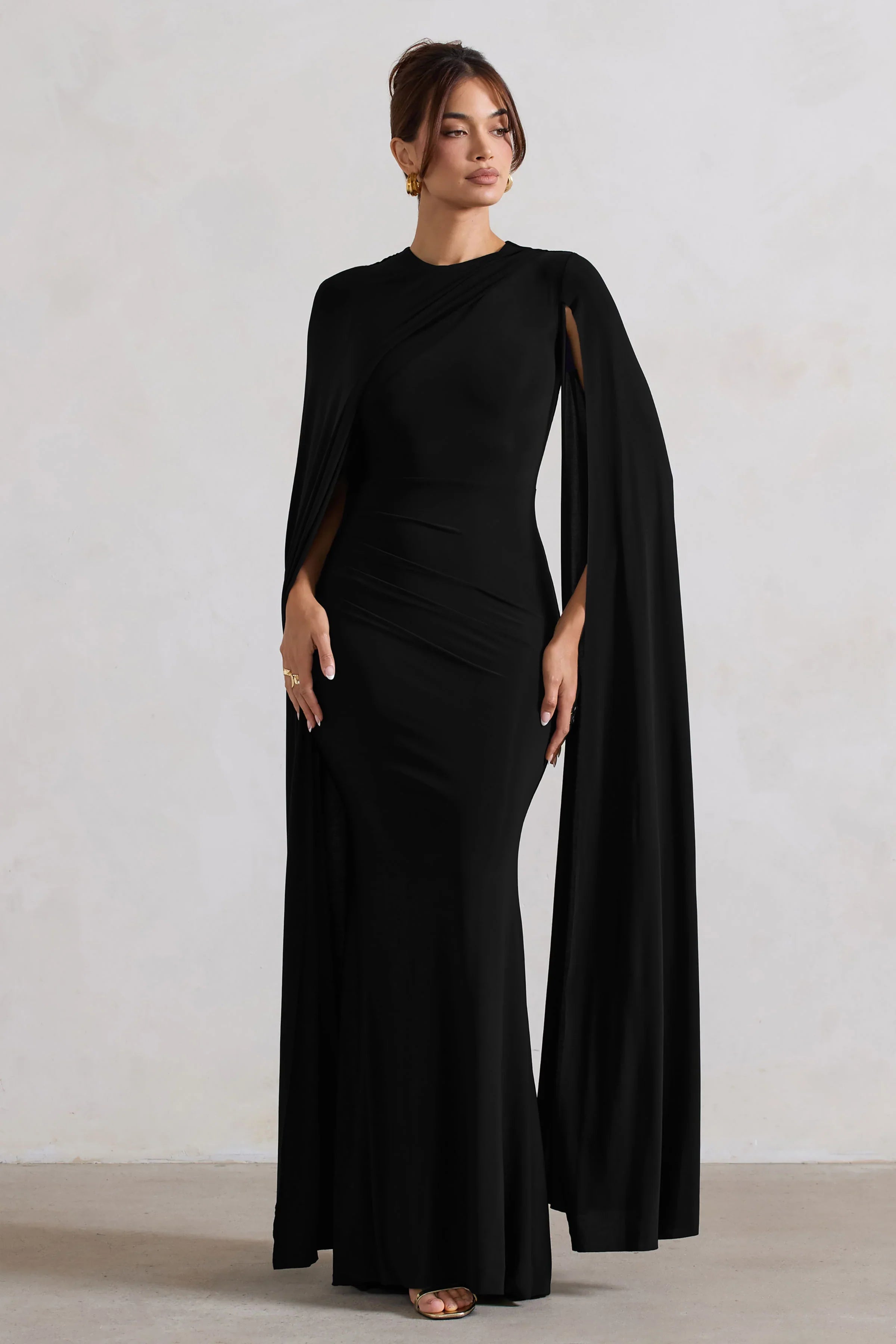 Magdelena Black Asymmetric Cape Maxi Dress