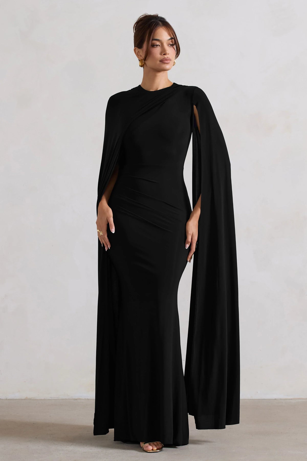 Magdelena Black Asymmetric Cape Maxi Dress