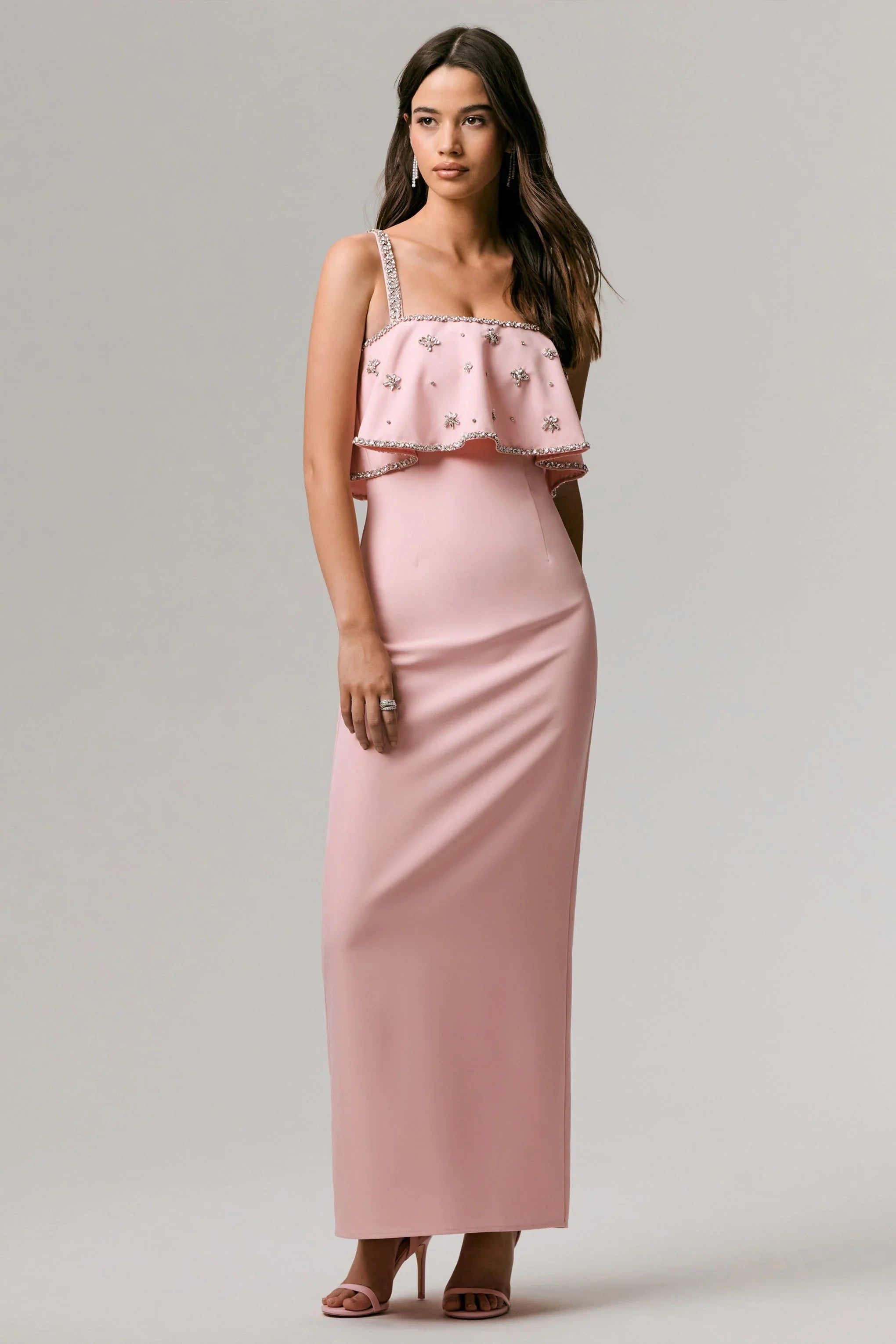 Scarlet Pale Pink Square Neck Embellished Maxi Dress