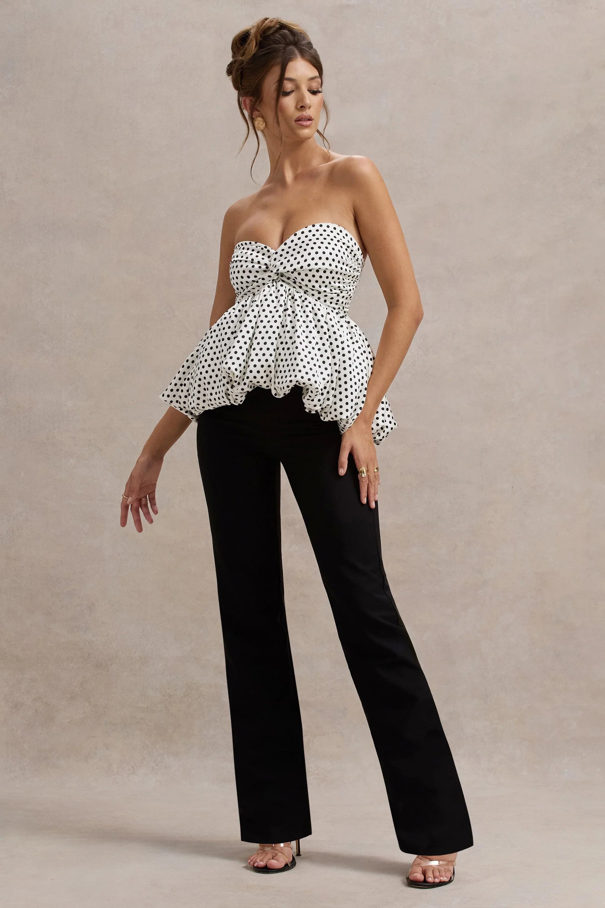 Divina White Black Polka Dot Strapless Ruffled Jumpsuit