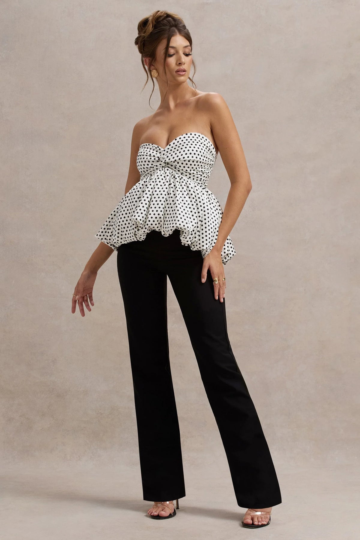 Divina White Black Polka Dot Strapless Ruffled Jumpsuit