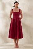 Ashmara Burgundy Lace Square Neck Midi Dress